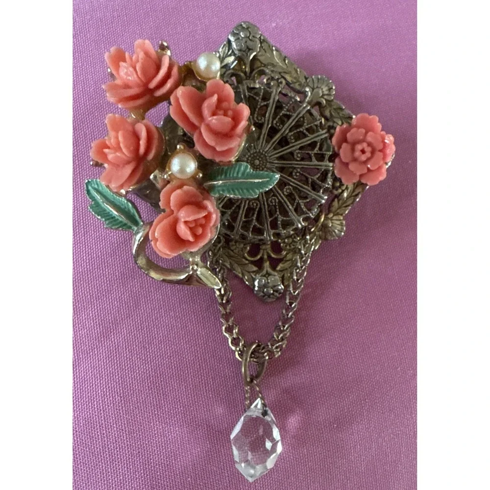 Vintage Art Nouveau Carved Coral or Celluloid Rose Pendant‎ & Brooch